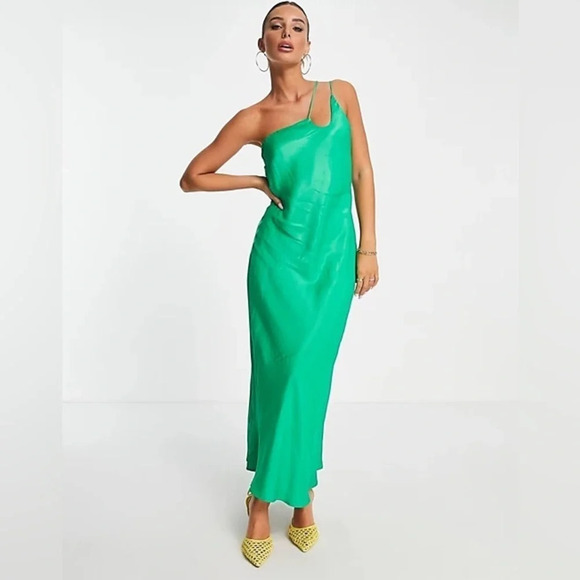 MANGO Asymmetrical Satin Effect One Shoulder Long Dress Green Size Small - Picture 2 of 16